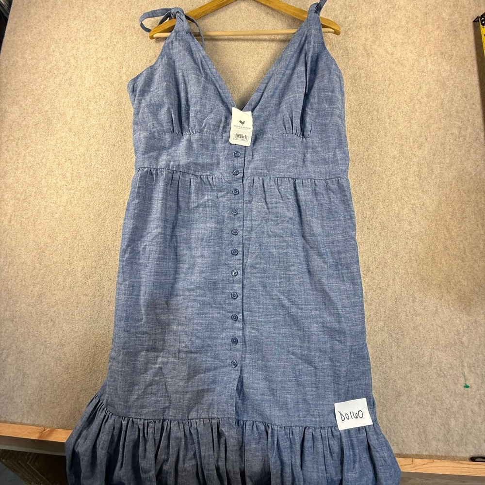 Hope & Henry Blue Chambray Button Front Tiered Midi Dress Tie Strap Size 16 NEW